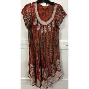 Sakkas Red Boho Tie Dye Crinkle Dress Embroidered Paisley Trim Free Size